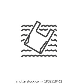 Bolsa de plástico flotando en el icono de la línea de mar. signo de estilo lineal para concepto móvil y diseño web. Icono de vector de contorno de contaminación de agua plástica. Símbolo, ilustración del logotipo. Gráficos vectoriales
