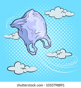 Plastic bag fly in sky pop art retro vector illustration. Color background. Comic book style imitation.