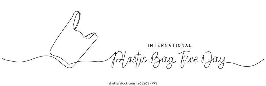 Plastic Bag Free Day one line art background. Editable stroke hand drawn lettering. Text banner template. Outline drawing with typography.