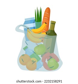 Plastic bag with fruit, milk, bread and wine. Shopping plastic bag and basket with products. Cartoon vector illustration