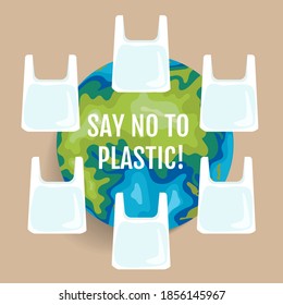 a plastic bag and globe. Ecology conversation. Vector illustration.