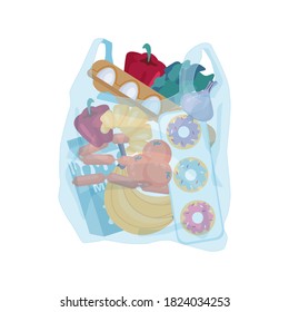 Plastic bag with groceries bought in shop. Vector cellophane transparent package with vegetable and fruits, dairy and sweets. Polythene sack with eggs and sausages, milk and donuts, banana and pepper