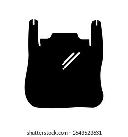 Plastic bag with handles black glyph icon. Disposable empty clear package. T shirt bag polyethylene wrapping. Takeaway transparent pack. Silhouette symbol on white space. Vector isolated illustration
