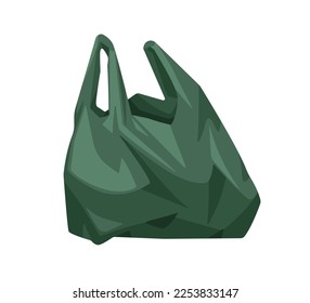 Plastic bag with handles. Disposable cellophane polythene grocery shopping package. Used wrinkled rumpled polyethylene pack. Colored flat vector illustration isolated on white background