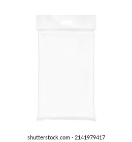 Plastic bag with a hole for a handle. Vector illustration isolated on white background. Perfect for the presentation of products with a large weight. Ready for your design. EPS10.