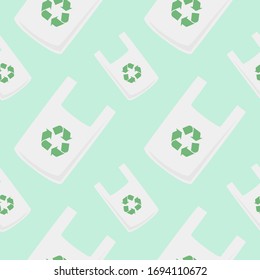 Plastic bag icon isolated seamless pattern with recycle symbol. Disposable cellophane and polythene package prohibition sign. Vector Illustration