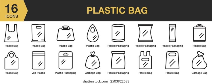 Plastic Bag icon set. Includes garbage, plastic bag, plastic packaging, and More. Outline icons vector collection.