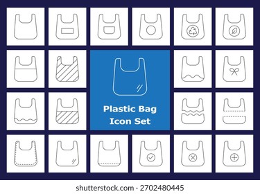 Plastic Bag Icon Set: Various shopping bag and plastic bag outline icons, including recycle and biodegradable symbols. Useful for retail, grocery, and environmental or sustainability designs.