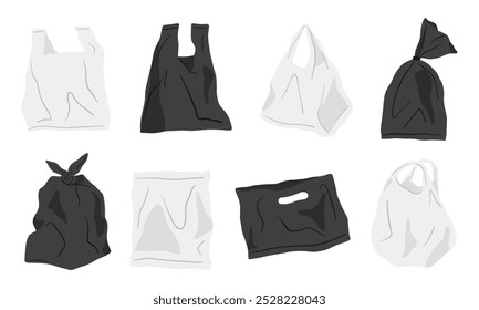 Conjunto de ilustración de bolsa de plástico. Una colección de 8 ilustraciones de bolsas de plástico, destacando la contaminación, la gestión de residuos y los temas ambientales. Perfecto para diseños de conciencia ecológica
