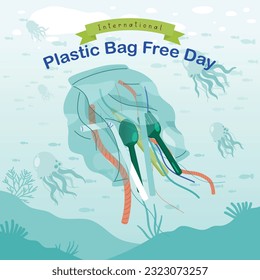 Plastic Bag Jellyfish From Single Use Plastic , Full Of Plastic In Ocean, Ocean Pollution, Vector, Illustration