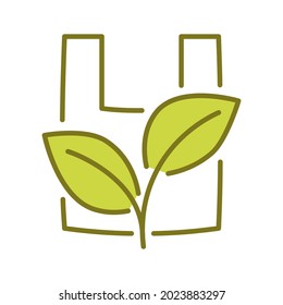 Bolsa de plástico con hoja, icono. Plástico biodegradable, compostable y biológico. Producción de material compostable amigable para el medio ambiente. Desechos cero, concepto de protección de la naturaleza. Ilustración vectorial