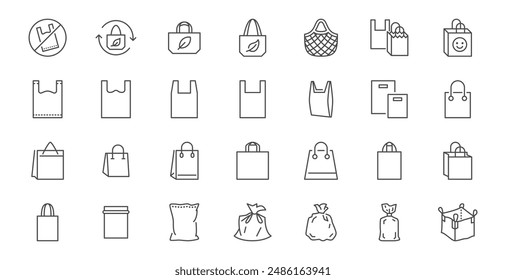 Conjunto de iconos de línea de bolsa de plástico. Polietileno reciclable, bolsa de la compra, cierre con cremallera, eliminación de basura Ilustraciones vectoriales mínimas. Señales de contorno simple para paquete de papel. Trazo editable