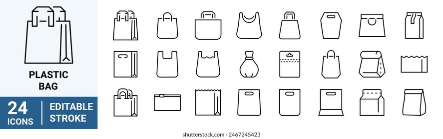 Plastic bag line web icons. Shopping bag. Paper market bag. Grocery bag outline vector signs and symbols collection.