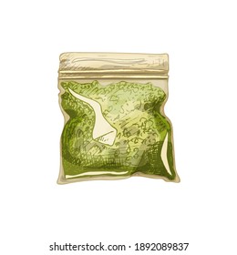Plastic bag for marijuana. Vector color vintage hatching illustration isolated on a white background. For label, poster, web with cannabis shop