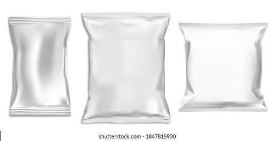 Bolsa de plástico se burla. Bolsa de bocadillos. Paquete de comida. Bolsa de pasta aislada para publicidad. Diseño vectorial de bolsitas de caramelo brillante. Bolsa de almohada de polvo de harina de papel. Paquete de producto Chokolate