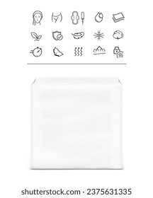 Modelación de bolsos de plástico con íconos fijos para toallas femeninas.  Ilustración vectorial. Aislado sobre fondo blanco. Se puede usar en la adv, promoción, paquete, etc. EPS10.