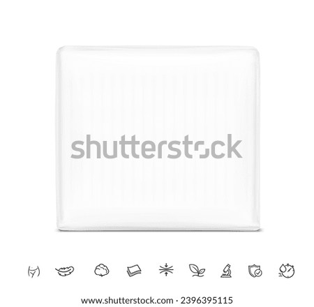 Plastic bag mockup with set icons for feminine pads. Vector illustration. Isolated on white background. It can be used in the adv, promo, package, etc. EPS10.