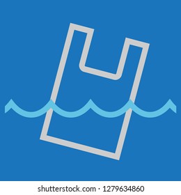 Plastic bag in the ocean. Stop plastic pollution campain. Simple line icon. Isolate on white background. Vector.