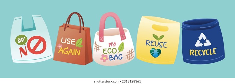 Plastic Bag, Paper Bag, Tote Bag, Handbag, Reuse, Reeduce, Recycle, Plastic Bag Free Day, Environment Awareness, Vector, Illustration