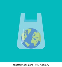 Plastic bag with planet earth inside. Concept of plastic pollution. Vector illustration