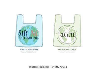 Plastiktüte. In: Plastic Pollution and Recycle Concept. Save the World for Sustainable, Ecology and Environment Conservation Concept Design. Vektorgrafik.