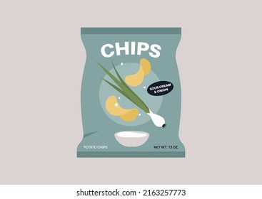 A plastic bag of potato chips with sour cream and onion, unhealthy snacks