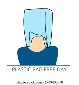 Bolsa de plástico puesta en la cabeza de una persona, contaminación ambiental y bloqueo de oxígeno. Día libre de bolsitas de plástico. Ilustración para afiches, sitios web y aplicaciones móviles.