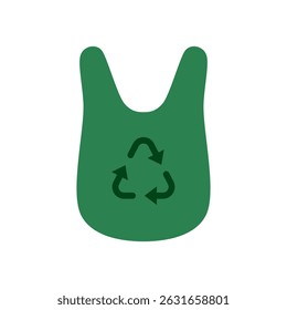 Plastiktüte mit Recycling-Pfeilen-Schild, einfacher flacher Stil, Logo-Zeichen, Vektorgrafik-Piktogramm, einzeln auf Weiß für mobile App