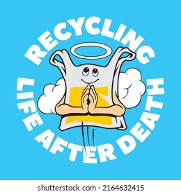 Plastic bag recycling concept. Waste recycling ecology poster.  Comic style vector illustration.