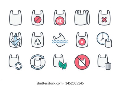 Plastic Bag and Reusable Packaging related color line icon set. Recyclable Pack and Against Plastic Pollution outline vector icons.