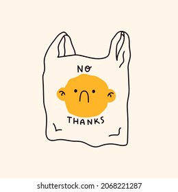 Plastic Bag with sad face and phrase No thanks. Plastic waste. Pollution problem, Recycling, zero waste concept. Design for banner, poster, card. Hand drawn trendy Vector illustration