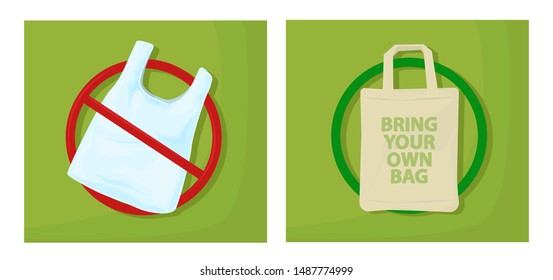 Plastic bag say no. Pollution problem. concept.Disposable cellophane and polythene package. Bring your own bag. Vector cartoon illustration.