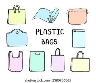 plastic bag set, shopping. Vector Illustration for printing, backgrounds, covers and packaging. Image can be used for greeting cards, posters, stickers and textile. Isolated on white background.