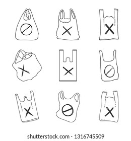 Plastic bag set with signage calling to stop using. Vector illustration.