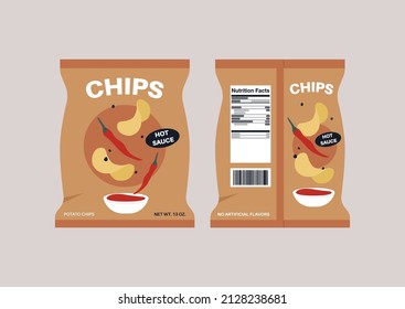 A Plastic Bag Of Spicy Potato Chips With A Nutritional Label On It, Back And Front,  Unhealthy Snacks