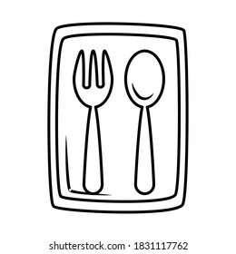 bolsa de plástico con cuchara y tenedor sobre fondo blanco, estilo de línea, ilustración vectorial