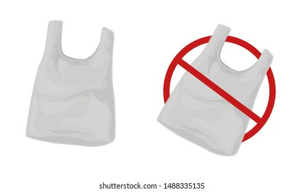 Plastic bag. Stop using disposable polythene package.Sign. Vector cartoon illustration.