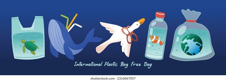 Plastic Bag, Straw, Bottle affect With Animal And Sea Life, Earth Day, Vector, Illustration