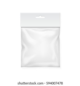 Plastic bag template. White blank packaging with hang slot. Mock up Vector illustration