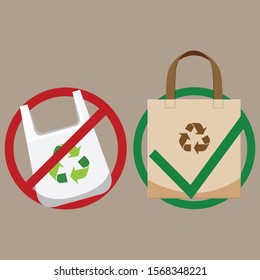 Plastic bag and textile bag icon isolated on beige background. Campaign against the use of plastic. Vector illustration eps 10