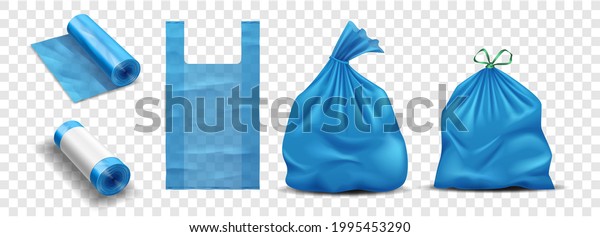 Plastic bag for trash, garbage and\
rubbish. Full and empty polyethylene trashbag with string, roll of\
new sacks for home packing. Realistic 3d vector\
illustration
