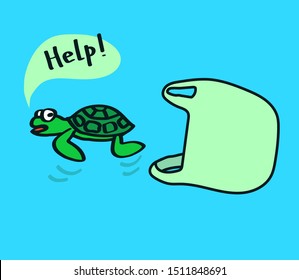 Plastic bag and turtle on a blue background. Vector illustration.