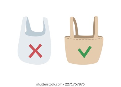 Plastic bag versus ecological tote bag. Vector illustration. 