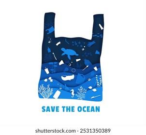 Bolsa de plástico y residuos en el fondo del mar, concepto de medio ambiente. Anuncio cortado de papel de la silueta de Vector de la bolsa de plástico con las ondas azules en capas del origami 3d, basura y animales del mar, peces del océano, tortuga, algas marinas