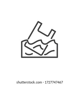 Icono de la línea de contaminación del agua de bolsas de plástico. signo de estilo lineal para concepto móvil y diseño web. Bolsa de plástico en el icono vector de contorno de ondas. Símbolo de contaminación oceánica, ilustración del logo. Gráficos vectoriales