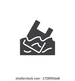 Icono del vector de contaminación por agua de bolsas plásticas. signo plano relleno para concepto móvil y diseño web. Bolsa de plástico en el icono de glifo de ondas. Símbolo de contaminación oceánica, ilustración del logo. Gráficos vectoriales