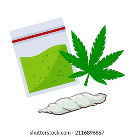 Plastikbeutel mit Unkraut. Verpackung mit Cannabisblatt Marihuana.
