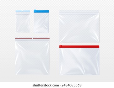 Plastic bag with zip locker mockup. Realistic vector illustration set of template for transparent clear empty sachet with zipper. Nylon pouch pocket. Vinyl package with lock for food or candy storage.