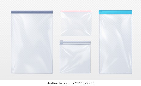 Bolsa de plástico con cierre de cremallera. Conjunto de ilustración vectorial realista de plantilla para bolsita transparente vacía con cremallera. Bolsillo de nylon. Paquete de vinilo con cerradura para alimentos o almacenamiento de dulces.