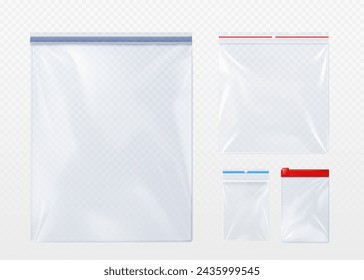 Plastic bag with zip locker mockup. Realistic vector illustration set of template for transparent clear empty sachet with zipper. Nylon pouch pocket. Vinyl package with lock for food or candy storage.